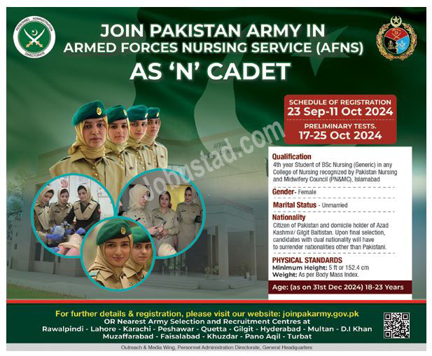 Join Pakistan Army as N Cadet through Armed Forces Nursing Service AFNS September 2024