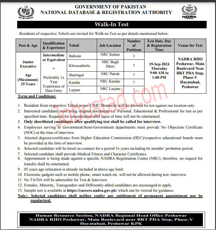 Junior Executive Jobs in Nadra Peshawar Region September 2024 