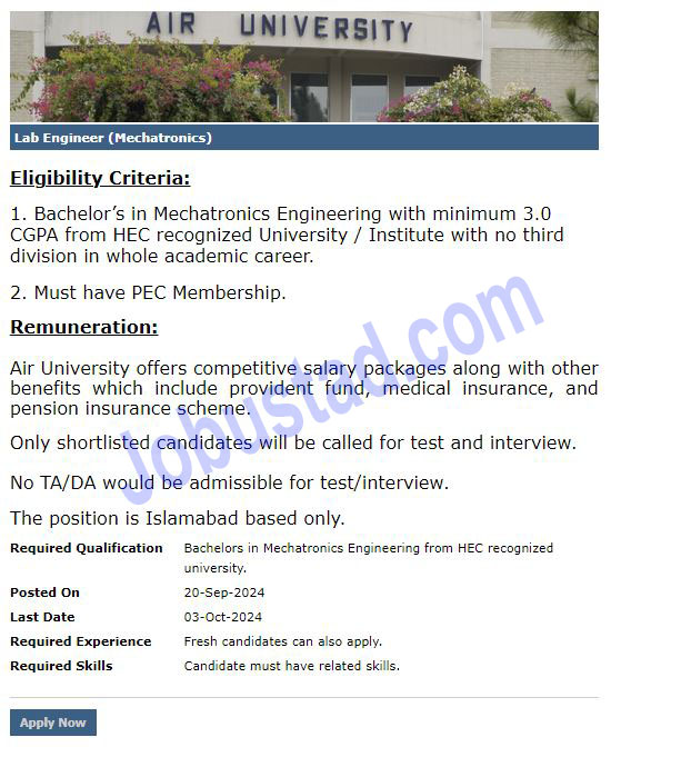 Lab Engineer Jobs in AU Islamabad September 2024