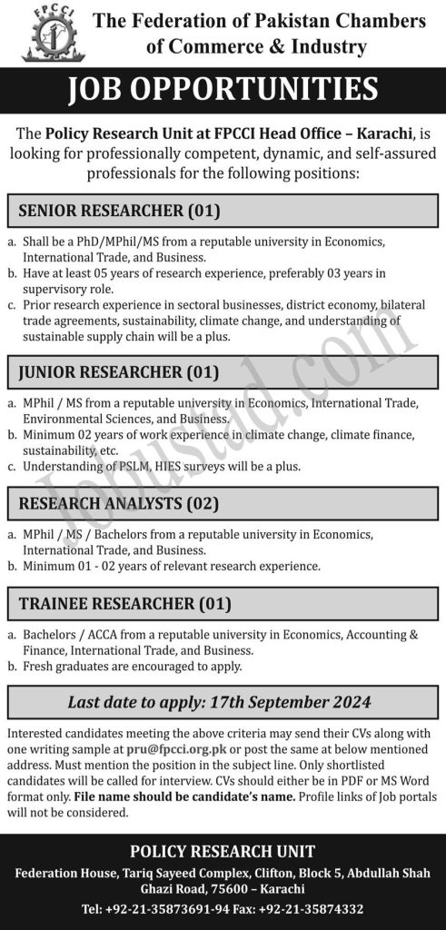 Latest Federation of Pakistan Chambers of Commerce & Industry Jobs in Karachi September 2024