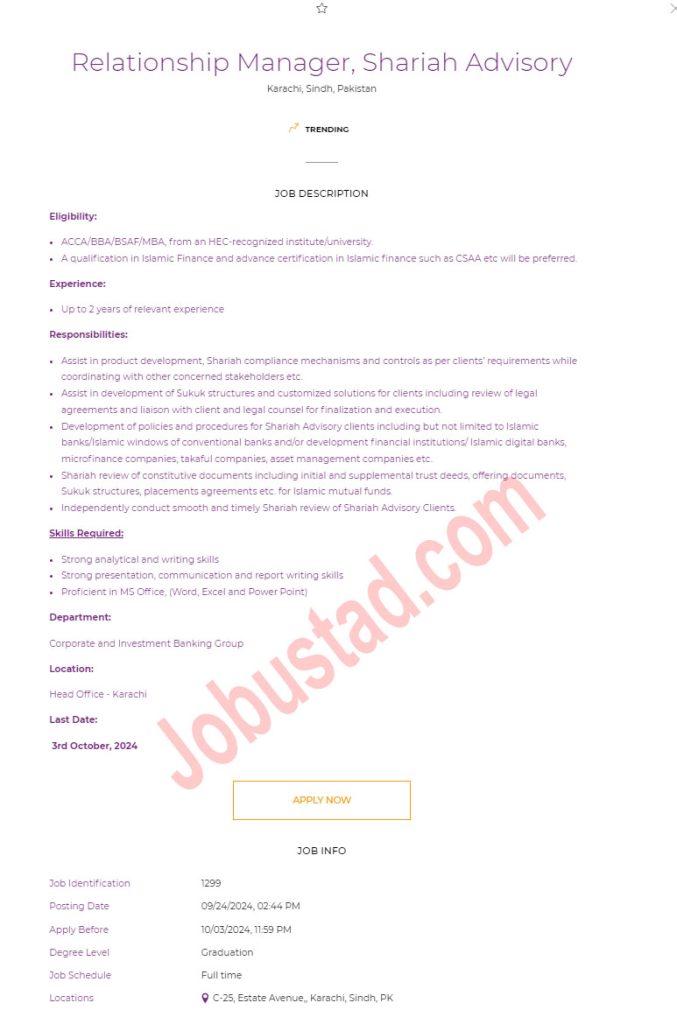 Latest Meezan Bank of Pakistan Jobs Opportunities in Karachi September 2024