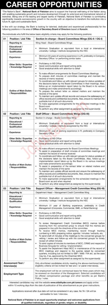 Latest National Bank of Pakistan Jobs in Karachi September 2024