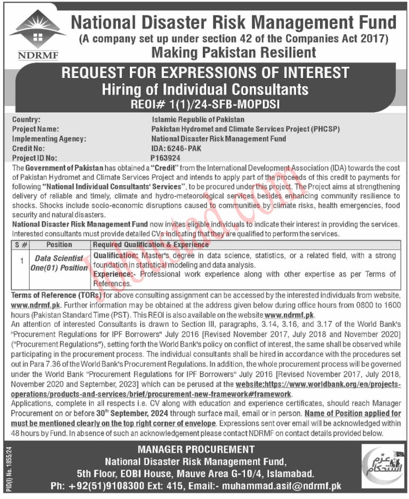 Latest National Disaster Risk Management Fund NDRMF Jobs in Islamabad September 2024