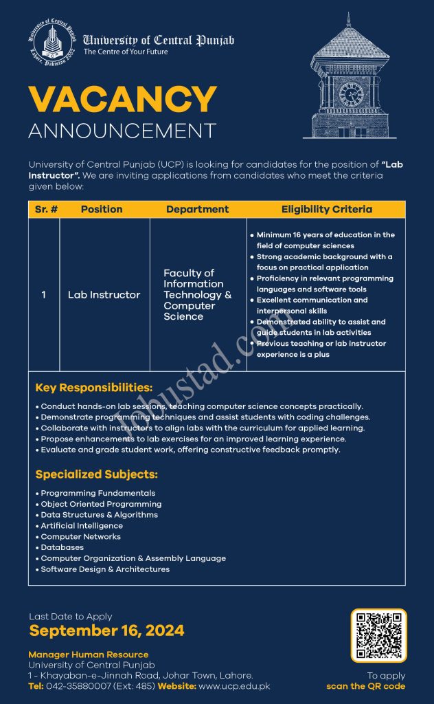 Latest University of Central Punjab UCP Jobs in Lahore September 2024
