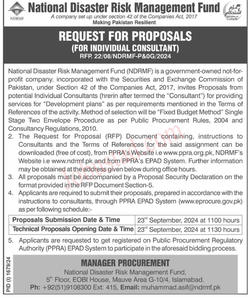 New National Disaster Risk Management Fund Jobs in Islamabad September 2024 