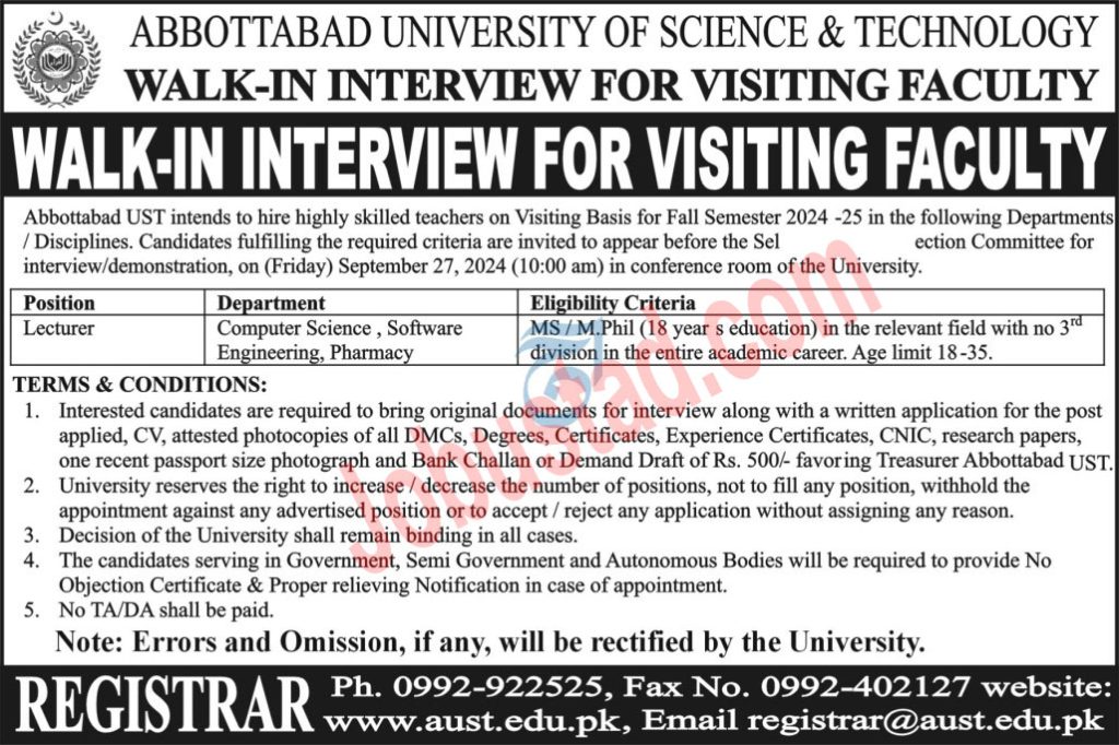 New Abbottabad University of Science and Technology Jobs September 2024 