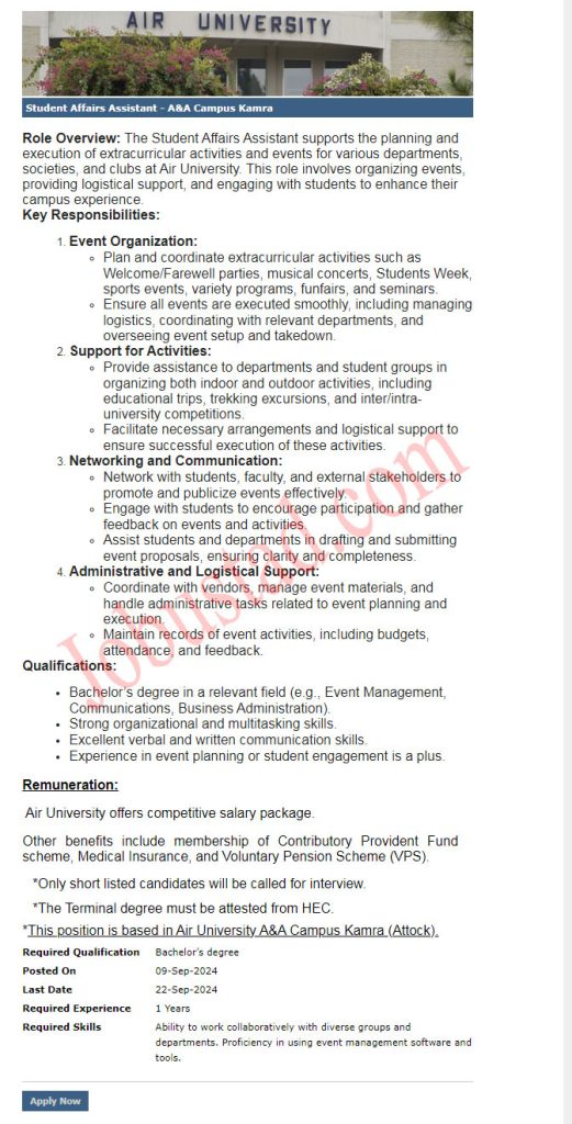 New Air University Pakistan Jobs in Kamra Campus September 2024