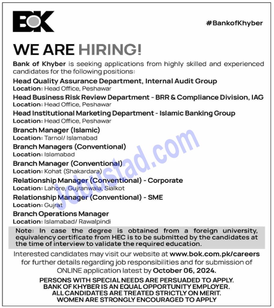 New Bank of Khyber BOK Jobs in Gujranwala September 2024