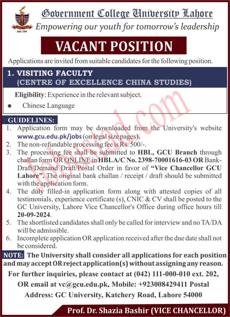 GCU Lahore Jobs Advertisement
