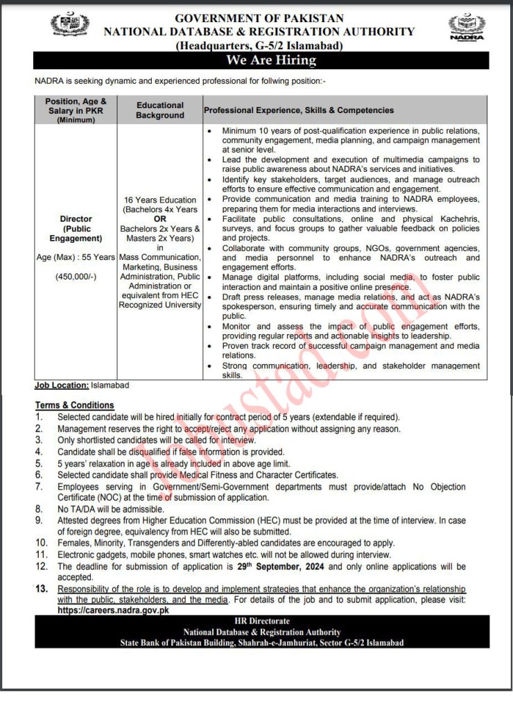 New Nadra Jobs Opportunities in Islamabad September 2024 