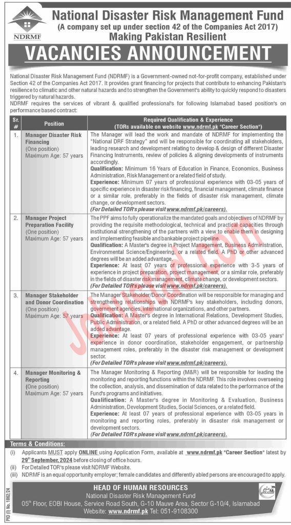 Latest National Disaster Risk Management Fund Jobs in Islamabad September 2024 