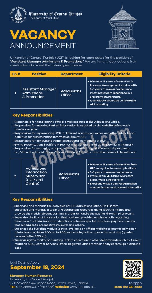 New University of Central Punjab UCP Jobs in Opportunities in Lahore September 2024