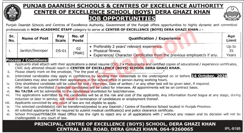 Punjab Daanish School Jobs in DG Khan October 2024 