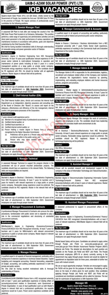 Latest Quaid e Azam Solar Power Company Jobs in Lahore September 2024