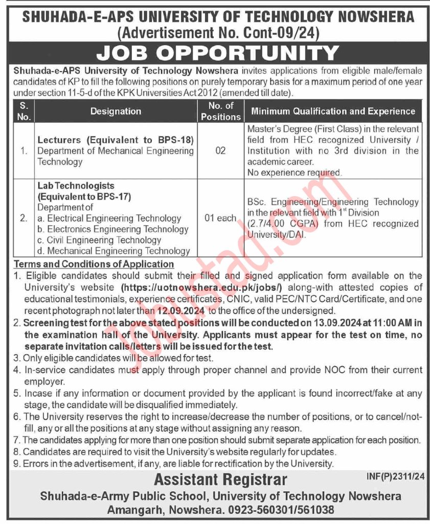 Shuhada-e-APS University of Technology Jobs in Nowshera September 2024