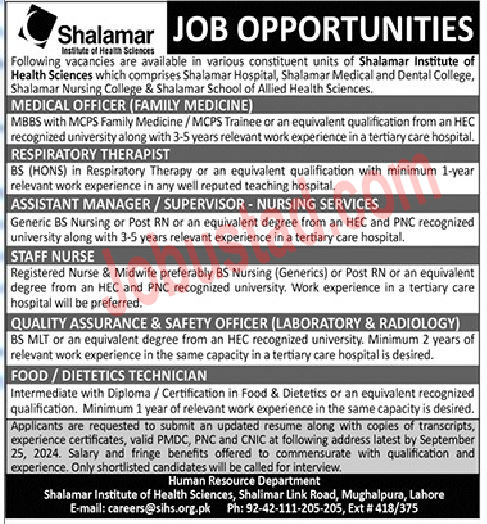 Shalamar Institute of Health Sciences Jobs