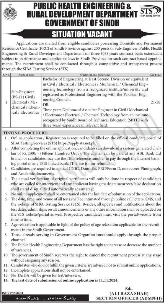 200+ Sub-Engineer Jobs in Sindh October 2024