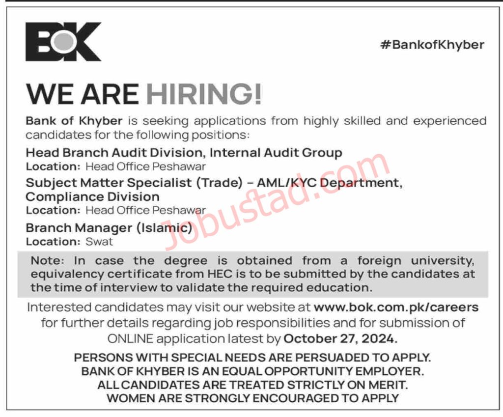 Bank of Khyber Jobs Opportunities in Peshawar October 2024