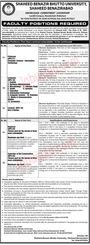 Benazir Bhutto University Jobs in Benazirabad October 2024 