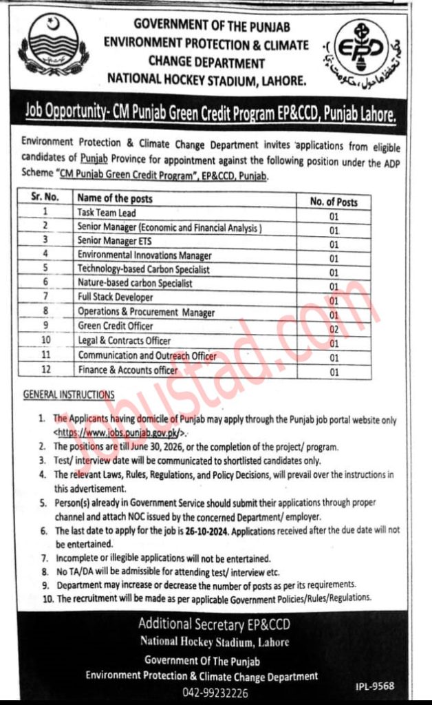 CM Punjab Green Cedit Program Jobs in Lahore October 2024
