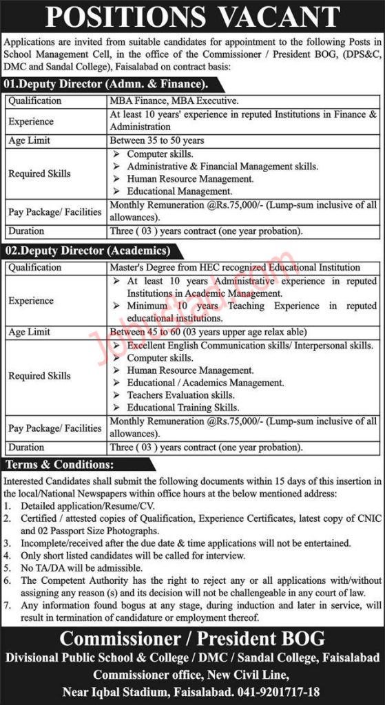 Divisional Public School Jobs in Faisalabad October 2024