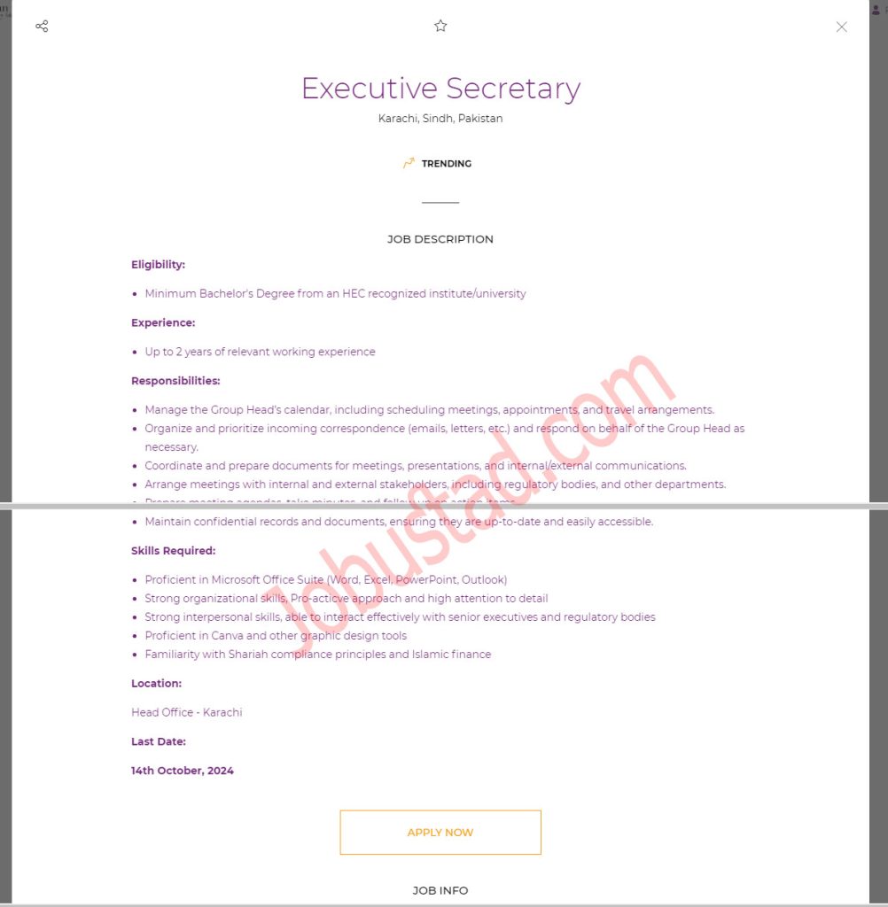 Executive Secretary Jobs in Karachi October 2024