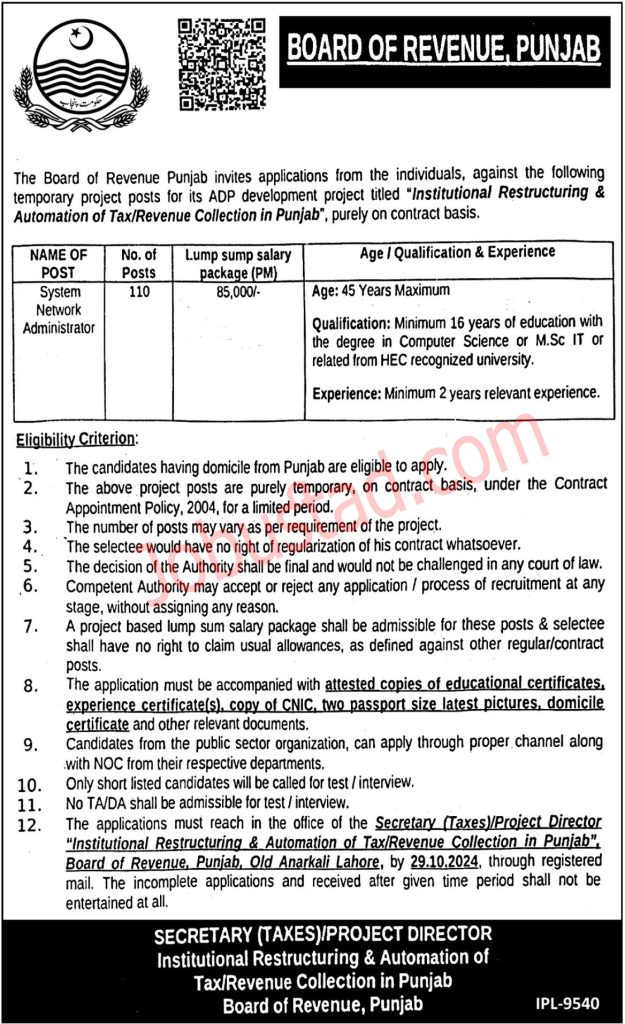 Latest Board of Revenue Punjab Jobs October 2024