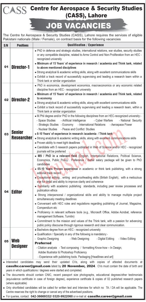 Latest Centre For Aerospace & Security Studies CASS Jobs in Lahore November 2024