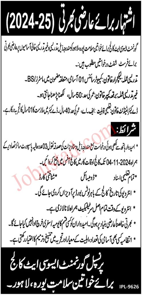 Latest Govt Associate College for Women Jobs in Lahore October 2024 
