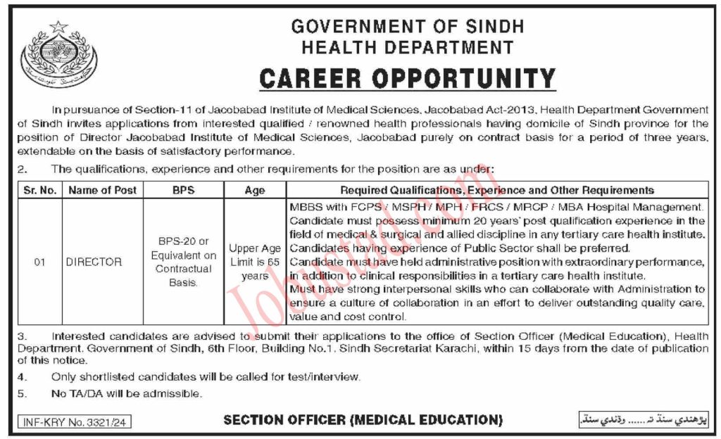Latest Health Department Jobs in Sindh October 2024