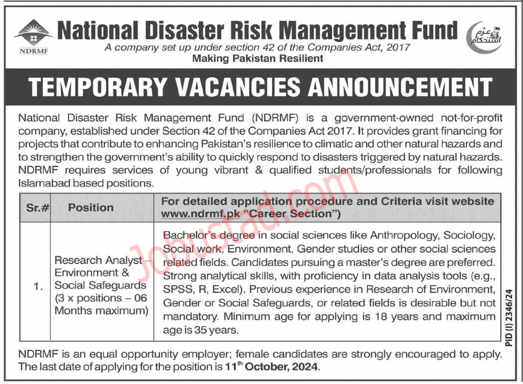 Latest NDRMF Jobs in Islamabad October 2024