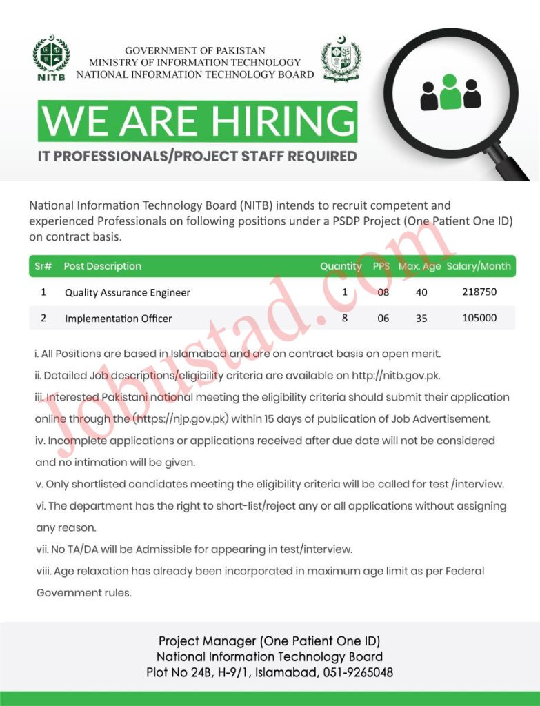Latest NITB Jobs in Islamabad October 2024