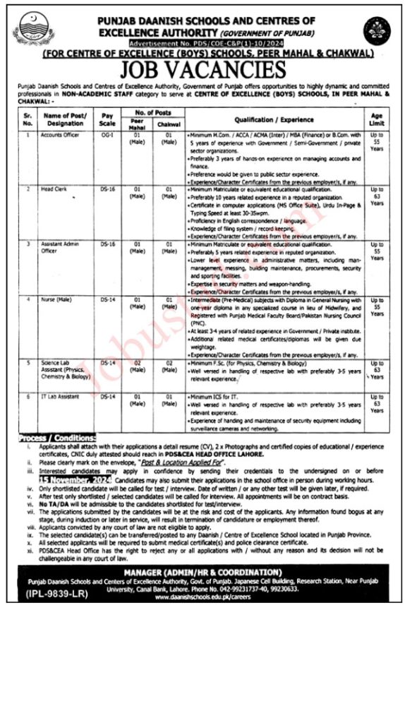 Latest Punjab Daanish School Jobs in Chakwal November 2024