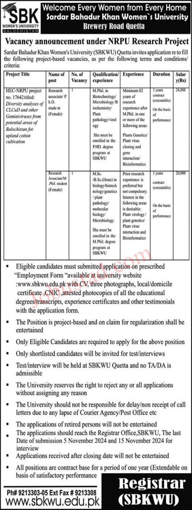 Latest SBK Women University Jobs in Quetta October 2024