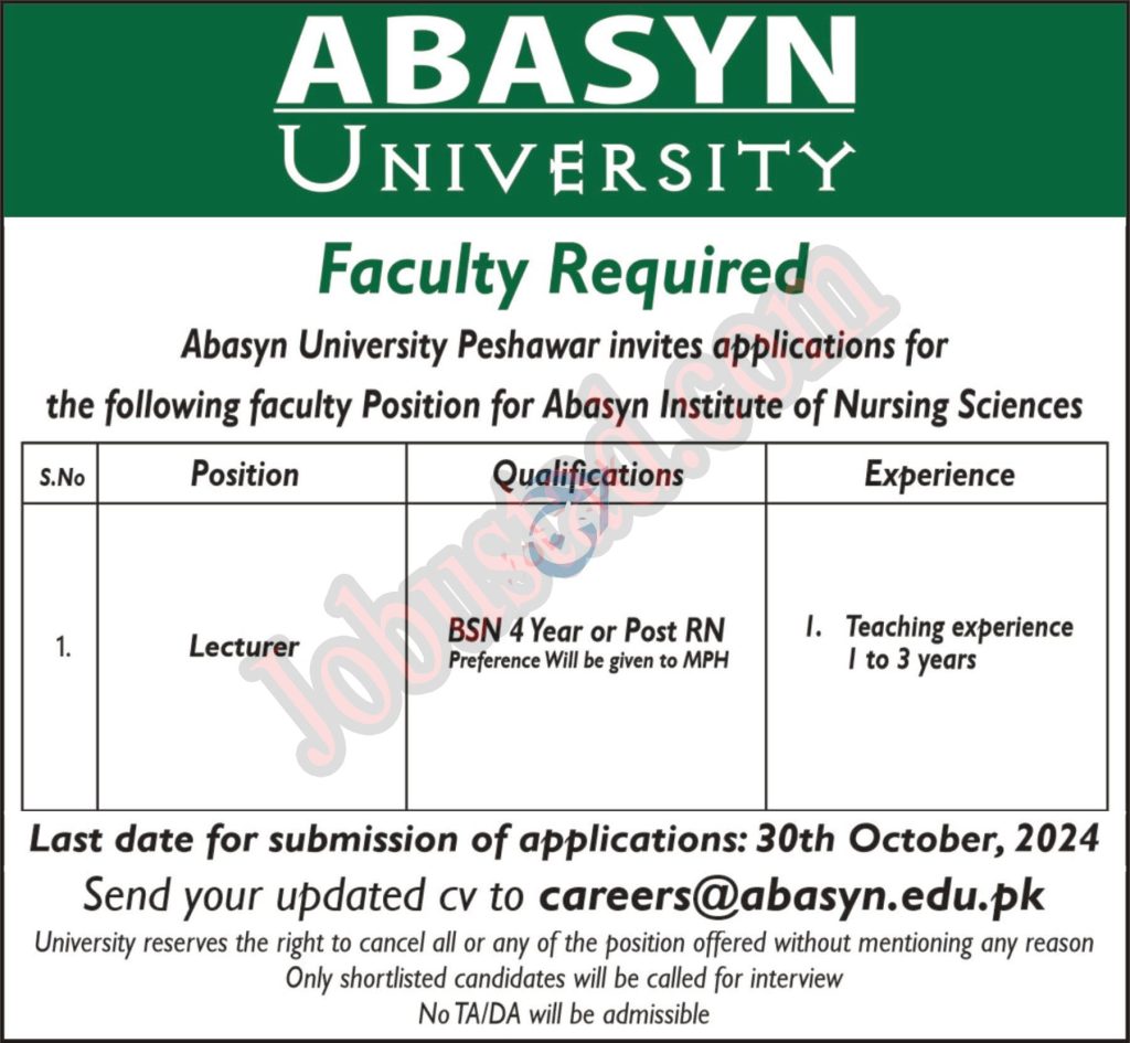 Lecturers Jobs in ABASYN University Peshawar October 2024