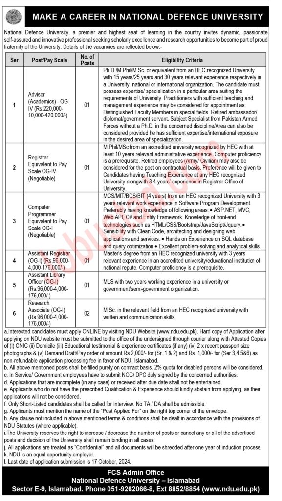 National Defence University NDU Jobs in Islamabad October 2024 