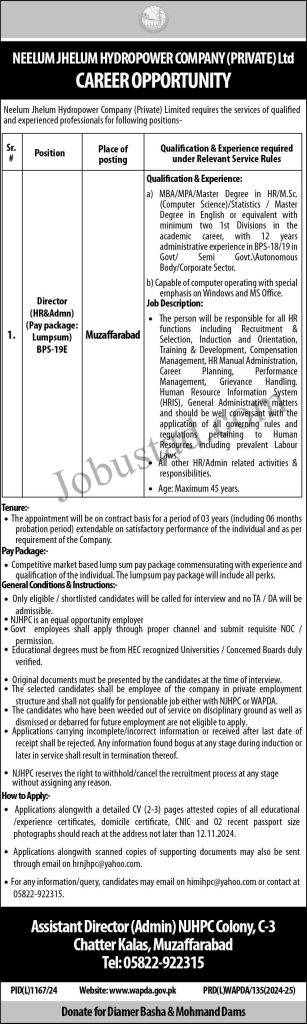 Neelum Jhelum Hydro Power Company Jobs in Muzaffarabad November 2024 