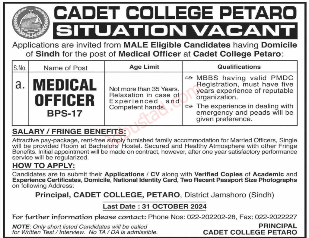 New Cadet College Jobs in Petaro October 2024