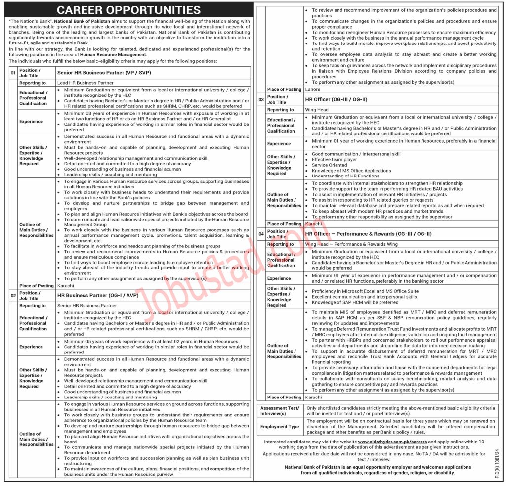 New National Bank of Pakistan Jobs in Karachi October 2024