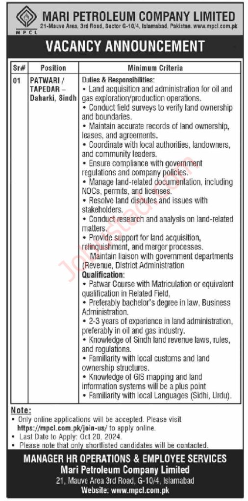 New Patwari Jobs in Islamabad October 2024