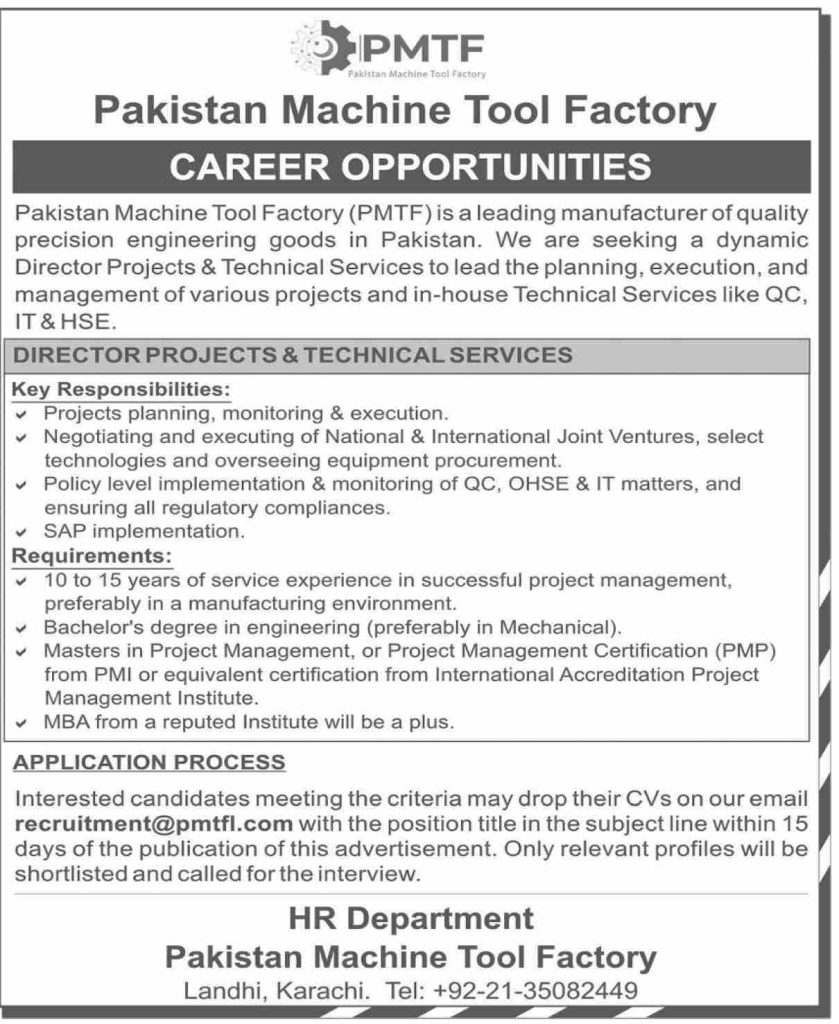 Pakistan Machine Tool Factory Jobs in Karachi November 2024
