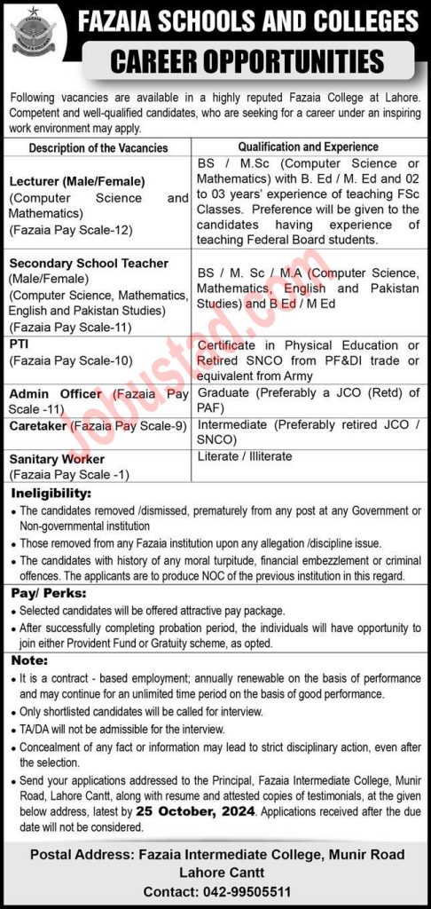 New Fazaia College Jobs in Lahore October 2024