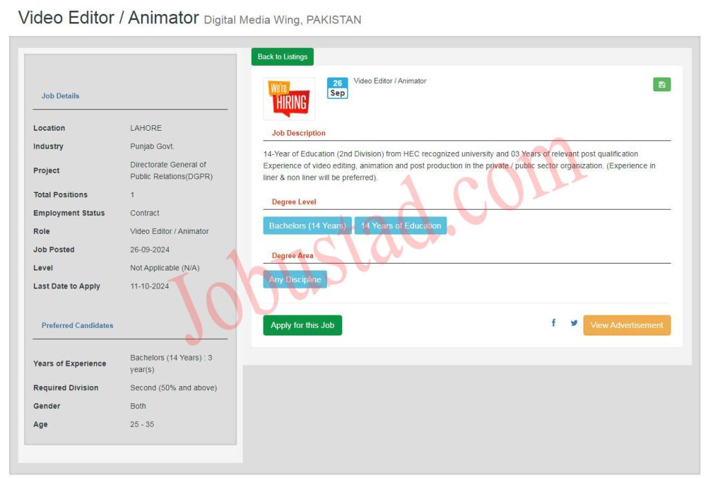 Video Editor and Animator Jobs in Lahore October 2024