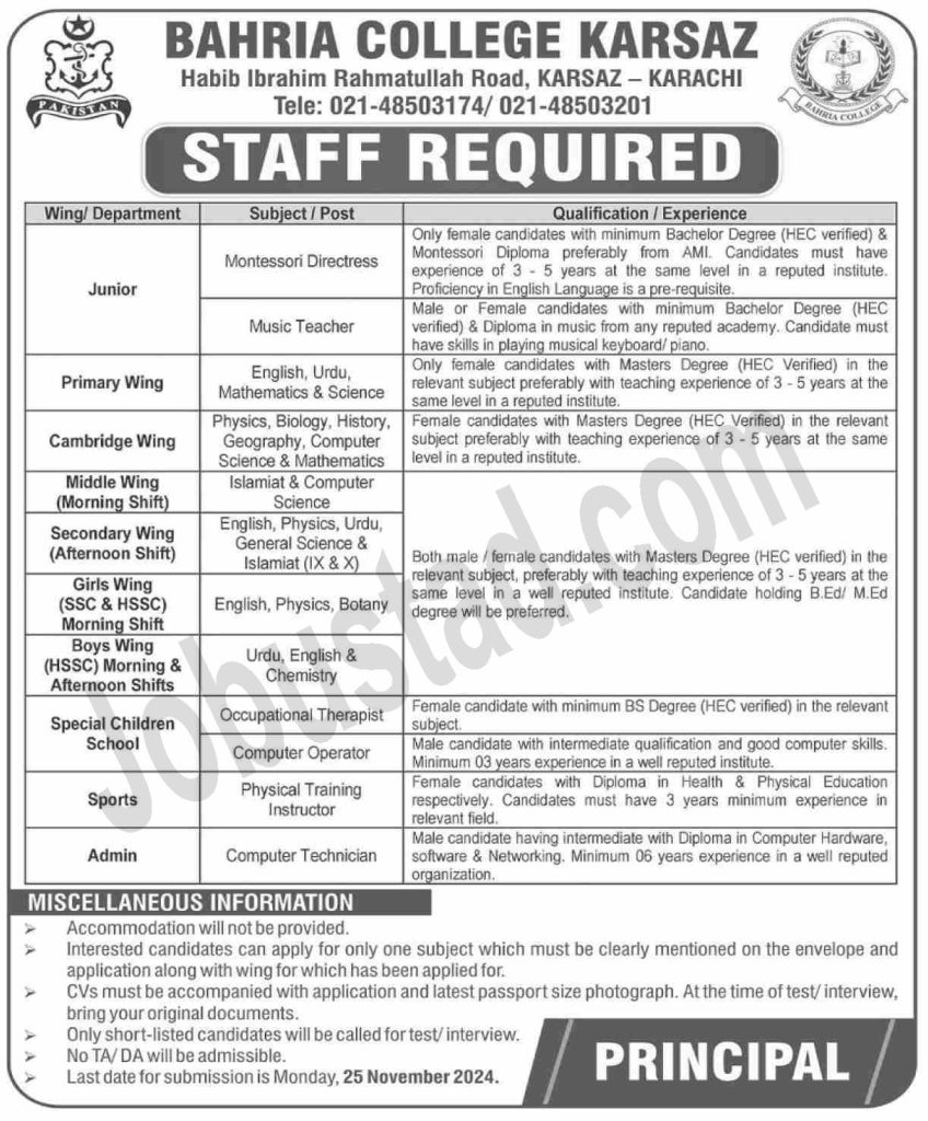 Bahria College Karsaz Jobs in Karachi November 2024