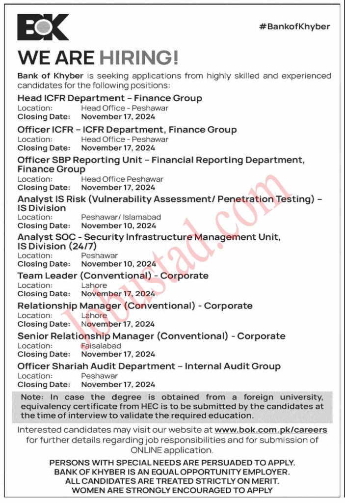 Bank of Khyber Jobs in Peshawar November 2024