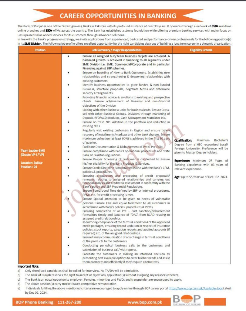 Bank of Punjab Jobs in Sukkur November 2024