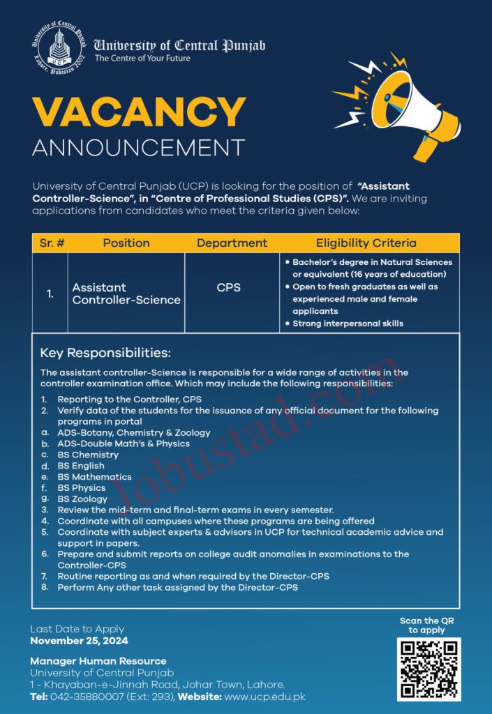Centre of Professional Studies UCP Jobs in Lahore November 2024 