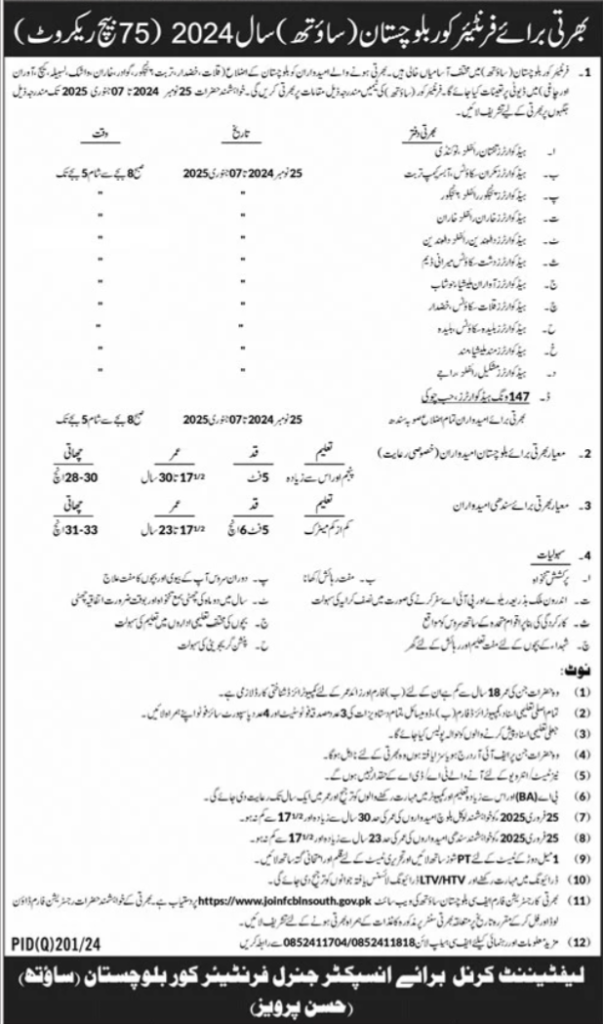 FC Jobs in Baluchistan South for all Pakistan - Frontier Corps 75 Batch Recruitment 