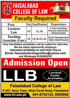 Faisalabad College of Law Jobs November 2024