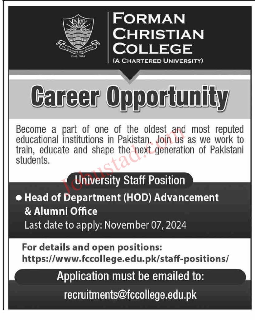 Forman Christian College Jobs in Lahore November 2024 